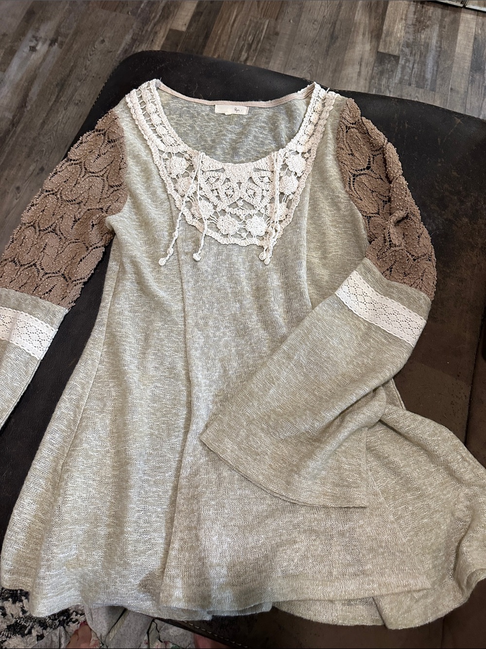 Ryu Gray Tunic with Taupe Crochet Sleeves & Ivory Lace Yoke